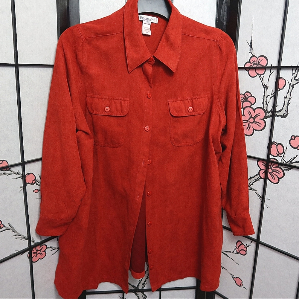 Vintage 80s Retro Roaman's Faux Velvet Red Button Down Shirt Size Large